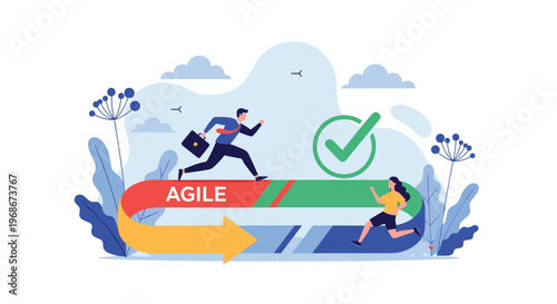 Conceptual illustration of an agile business workflow with professionals running on a looped path with a green checkmark and clouds background.