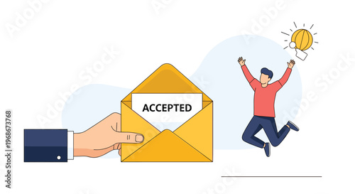 Enthusiastic person jumping for joy after receiving an acceptance letter in a yellow envelope for career or educational success concepts.