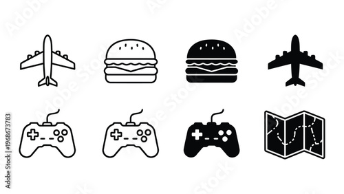 A collection of modern black and white icons for travel, food, and gaming