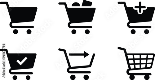 A set of simple shopping cart icons shows different stages of buying items like adding products or checking out for online sales
