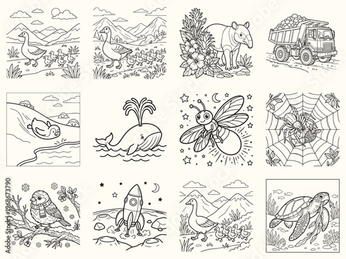 Cute cartoon goose leading goslings across grassy meadow with mountain landscape in background for kids coloring book page