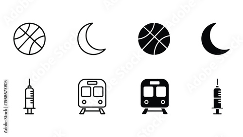 A set of black and white icons featuring various objects on a plain background