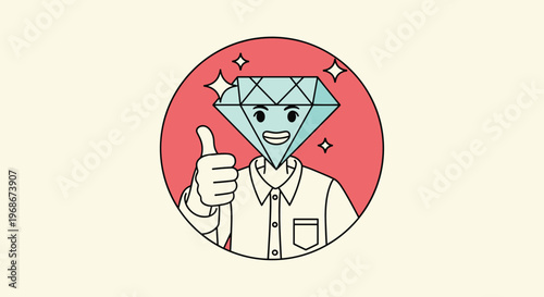 Man with a diamond-shaped head giving a thumbs up sign inside a red circle icon representing high quality value and customer satisfaction.