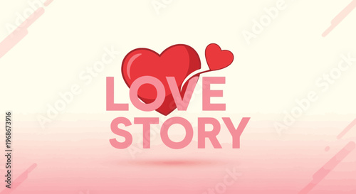 Love Story Text with Red Hearts on Pink Gradient Background