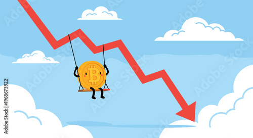 Bitcoin coin character sitting on a swing attached to a falling red arrow graph against a blue sky with clouds representing crypto market crash.