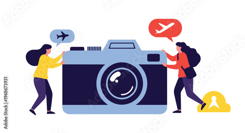 Two women standing next to a large blue photo camera with airplane icons in speech bubbles representing travel photography and vacation memories.