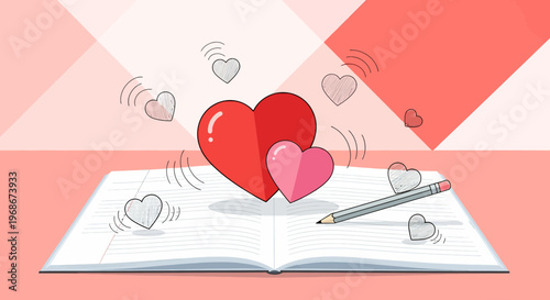 Love Story Writing: Hearts, Open Book, Pencil, Romantic Illustration