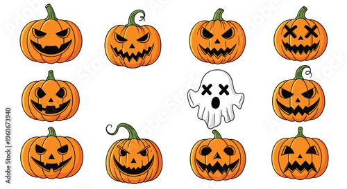 Collection of carved halloween pumpkins with different scary and funny facial expressions and one white ghost isolated on a white background.