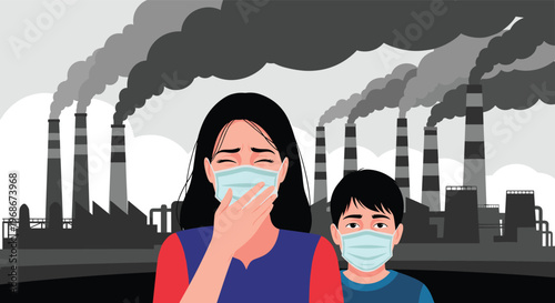 Mother and her young son wearing protective face masks in front of smoking industrial factories representing air pollution and health concerns.