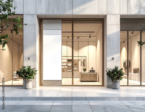 Exterior shot of modern retail store with large glass windows, greenery, and neutral color tones