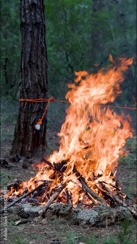 the strong flame of a campfire lit in the forest