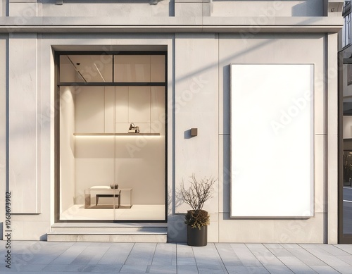 Front of a shop exterior with window display and a blank white sign. Modern, light facade