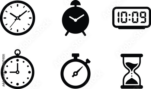 A collection of simple white line icons showing different types of clocks and watches including a sand glass on a white background