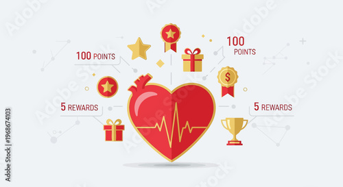 Loyalty Program Rewards: Heart Icon, Points, Gifts, Trophies, Stars