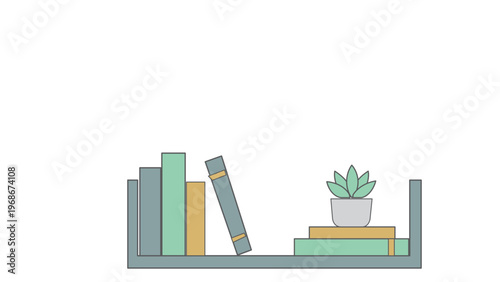 Minimalist flat vector illustration of a cozy bookshelf featuring a row of colorful books and a small potted succulent plant, ideal for home office, education, library, or interior design.