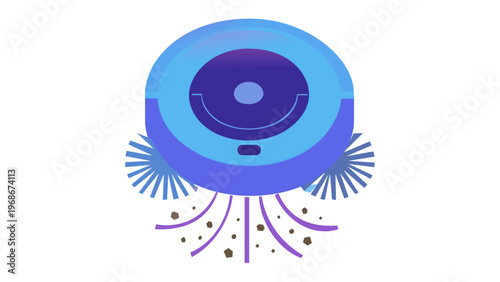Modern robotic vacuum cleaner vector illustration icon with purple and blue gradients, featuring spinning side brushes and suction power for smart home automated floor cleaning, AI-generated.