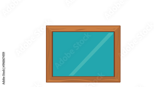 Minimalist vector illustration of a rectangular wall mirror featuring a classic brown wooden frame and teal glass with a light reflection streak, flat icon for home decor and interior design.