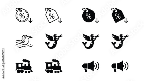 A collection of black and white icons representing various concepts such as discounts, announcements, and transportation.