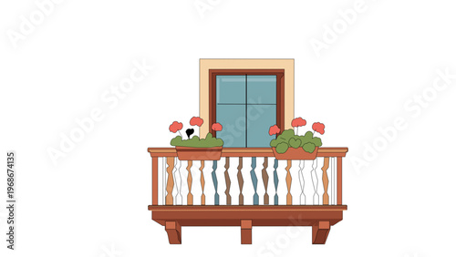 Minimalist vector illustration of a charming wooden balcony featuring a window and flower boxes with red blossoms. Flat design architectural icon for home living and exterior building decor.