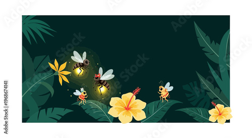 Magical Fireflies and Bees in Tropical Jungle Night