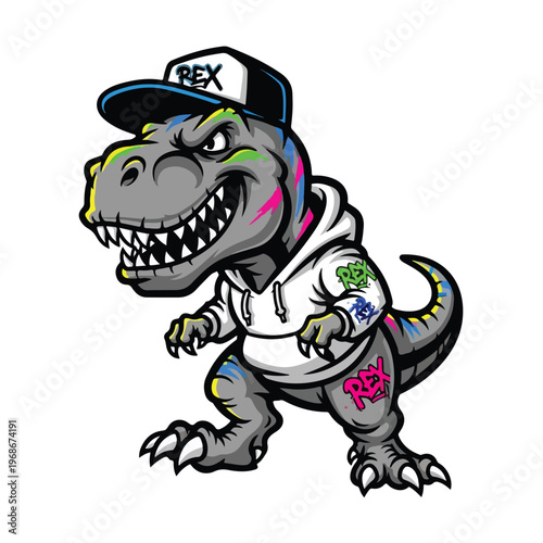 A cool, graffiti-style cartoon T-Rex mascot wearing a hoodie and baseball cap, posing with an aggressive expression against a white background, conveying a fierce esports vibe