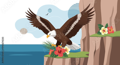 Majestic Bald Eagle Landing on Cliff with Tropical Flowers