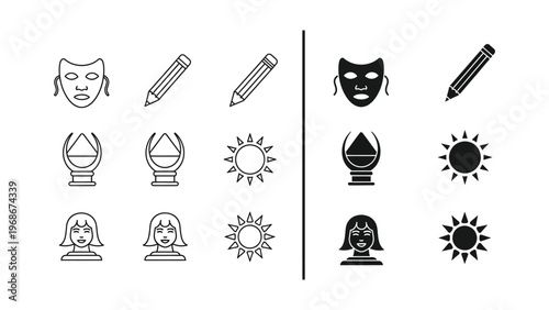 A collection of black and white icons featuring masks, pencils, crystal balls, suns, and people