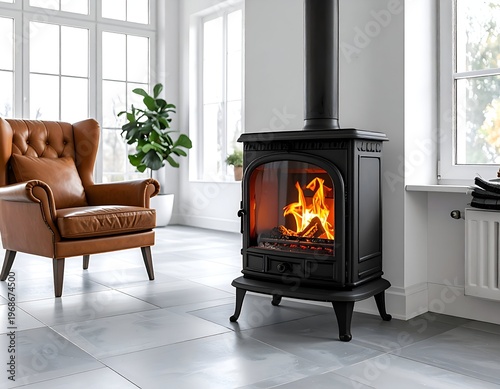 Cozy interior with a burning stove, leather armchair, bright windows, and potted plants