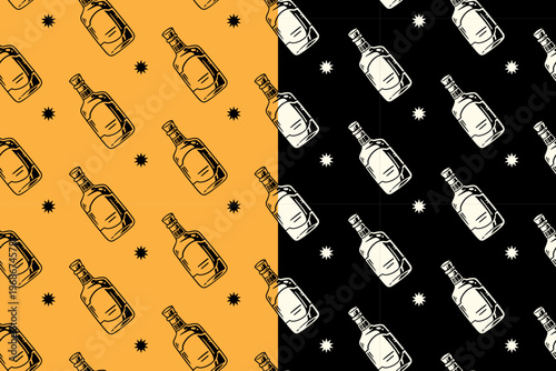 Whiskey bottle minimal line pattern for bar and beverage. Alcohol bottle flat repeat background for party and drink. Liquor bottle retro seamless pattern for festival and merchandise