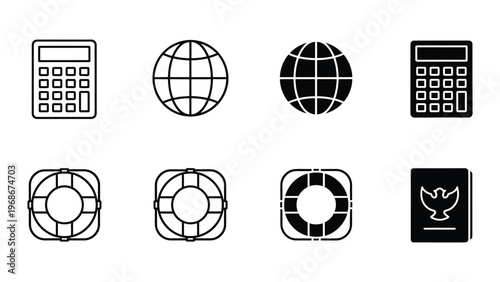 A collection of black and white icons featuring calculators and globes on a clean white background