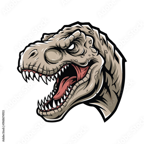 A fierce T-Rex mascot head, roaring aggressively with sharp teeth bared, rendered in a graphic illustration style for esports branding on a clean white background