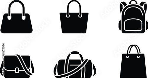 A collection of simple line icons showing various styles of bags including a backpack a purse and a tote for shopping needs