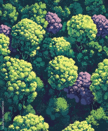 Vibrant Green and Purple Tree Canopy in a Lush Forest Setting