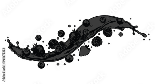 A dynamic splash of various dark berries and liquid creating an artistic and flavorful visual effect silhouette high quality professional