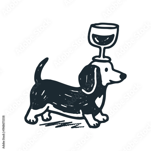 Dachshund balancing wine glass. Black and white naive doodle illustration.