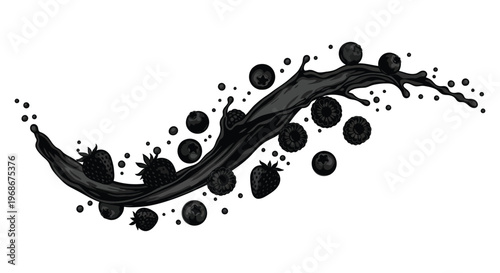A dramatic splash of dark liquid with mixed berries including blueberries and blackberries depicted as a striking silhouette high quality professional