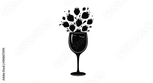 A black silhouette depicting strawberries erupting from a stemmed glass creating a dynamic visual composition silhouette high quality professional detailed modern