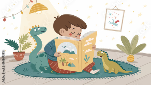 Boy reading book with friendly dinosaurs emerging from pages on colorful rug in cozy room
