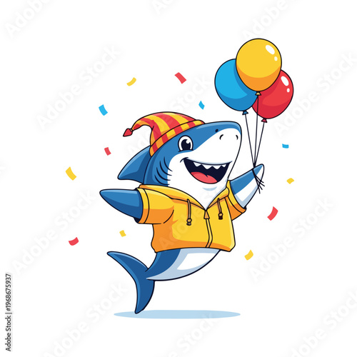 A cheerful cartoon shark, dressed in a yellow hoodie and birthday hat, joyfully holds a bunch of colorful balloons amidst falling confetti, celebrating merrily