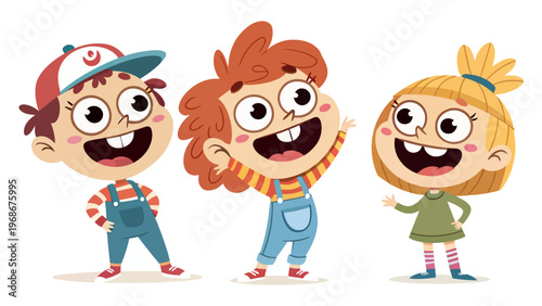 Cartoon children with exaggerated proportions smiling and standing in playful poses on white background