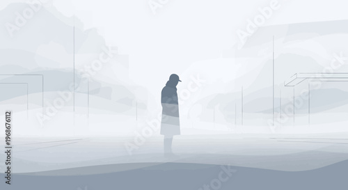 Lone Figure in Misty Landscape, Abstract Watercolor Style
