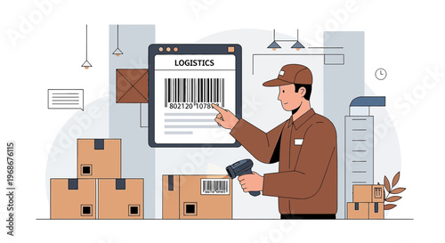 Logistics worker scanning barcode on screen with packages and warehouse background