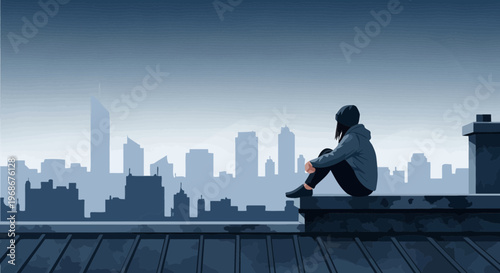 Lonely person sitting on rooftop overlooking cityscape at dusk, pixel art style