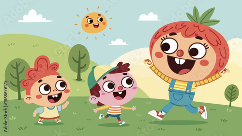 Happy cartoon children running in a green field with trees and sunny sky