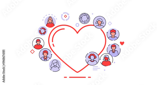 Love and Community Connection: People Icons Around a Heart