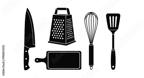 A collection of kitchen tools including a knife grater whisk and spatula depicted in stark silhouette high quality professional detailed modern