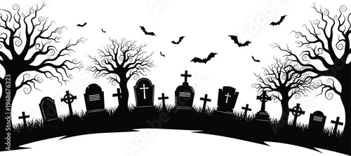 Halloween graveyard silhouette with spooky trees bats flying tombstones dark cemetery horror scene night vector illustration black white eerie background design