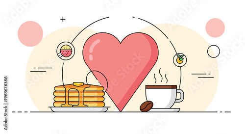 Love for Breakfast: Heart, Pancakes, Coffee, and Fruits - Flat Design