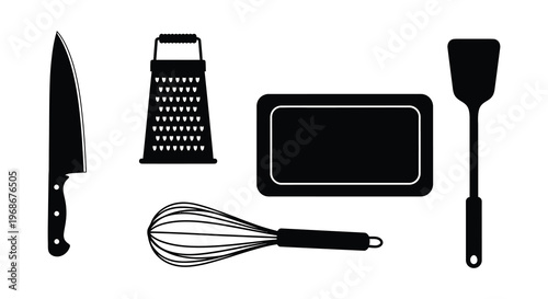A minimalist arrangement of kitchen tools including a knife grater whisk and spatula presented as a silhouette high quality professional detailed