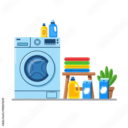 Washing Machine, Laundry Detergent, Clean Clothes and Houseplant - Flat Design